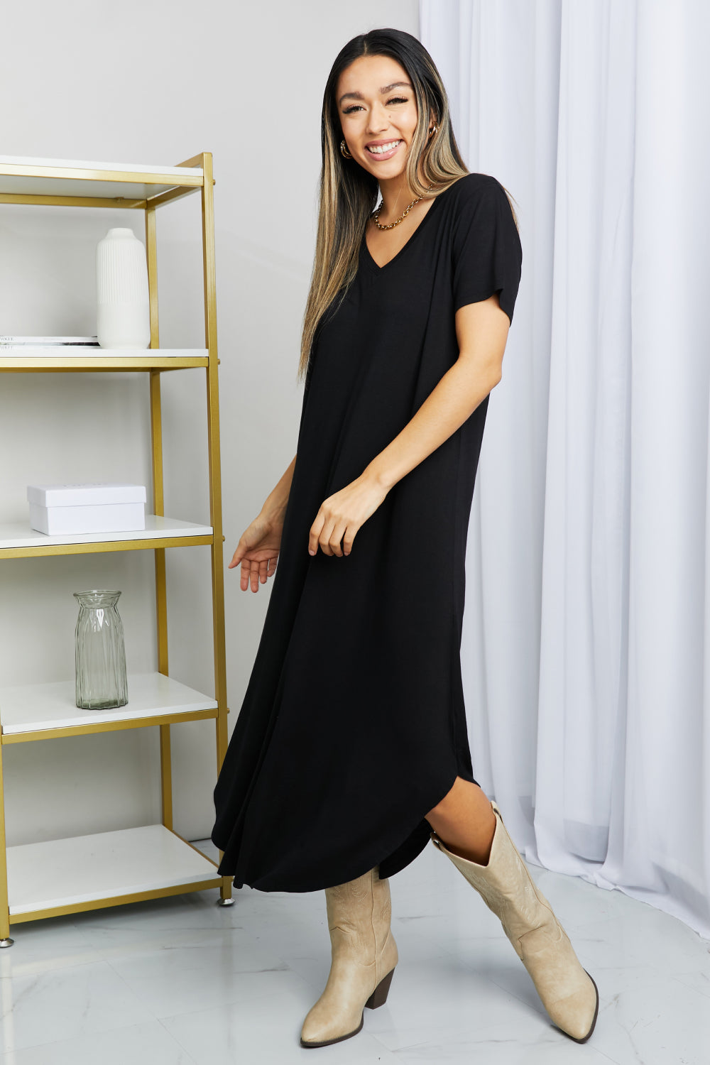 HYFVE V-Neck Short Sleeve Curved Hem Dress in Black