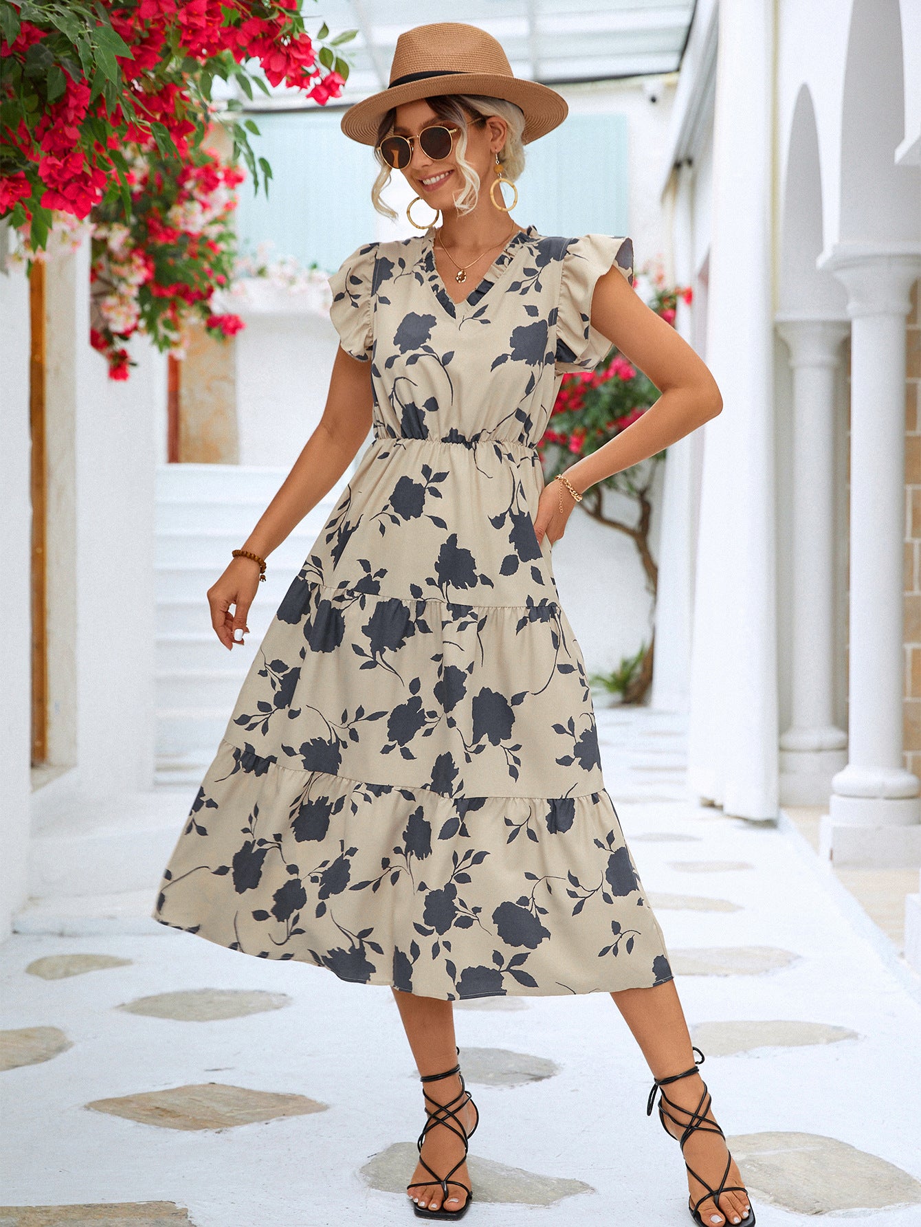 Floral Frill Trim V-Neck Tiered Midi Dress