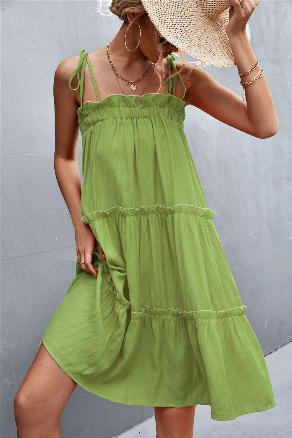 Tie-Shoulder Frill Trim Sleeveless Dress