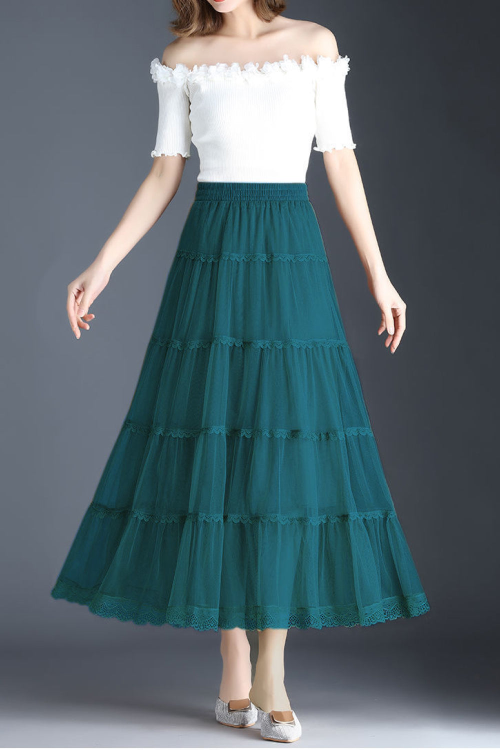 Smocked Lace Trim Midi Skirt