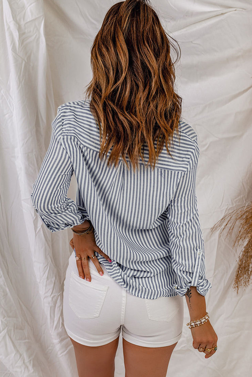 Striped Button-Up Roll-Tab Sleeve Shirt