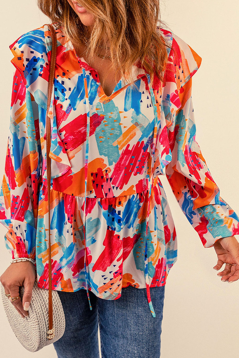 Brush Stroke Ruffled Tie Neck Blouse