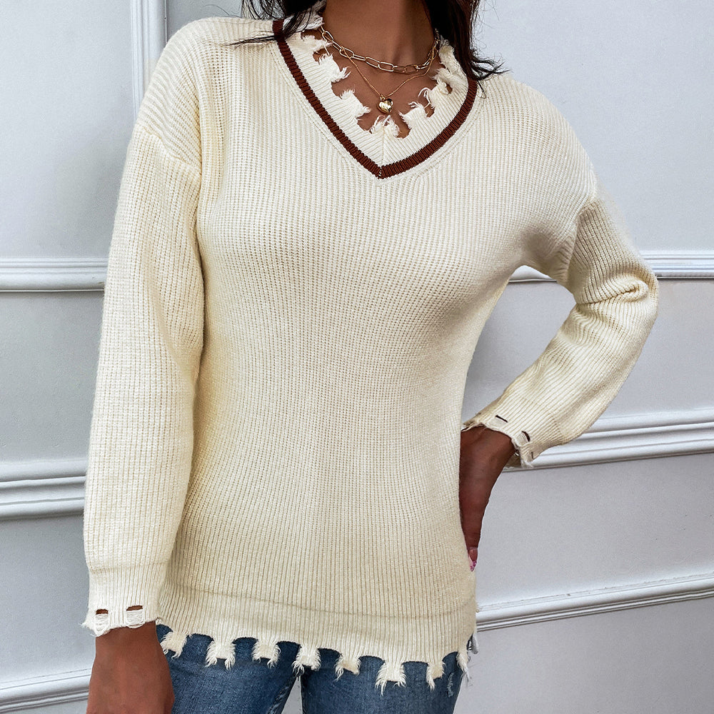 Frayed Detail V-Neck Sweater