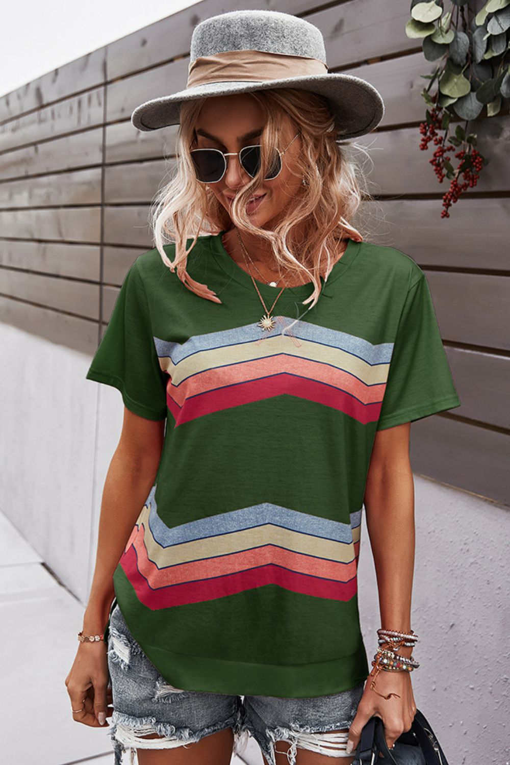 Multicolored Chevron Stripe Round Neck Side Slit T-Shirt