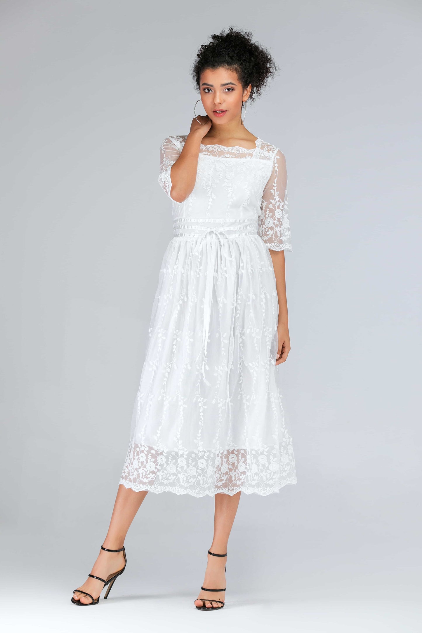 Scalloped Lace Half Sleeve Midi Dress