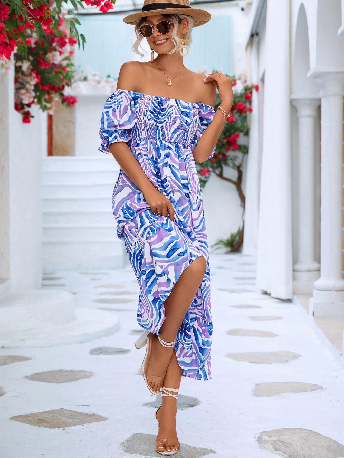 Floral Smocked Flounce Sleeve Midi Dress