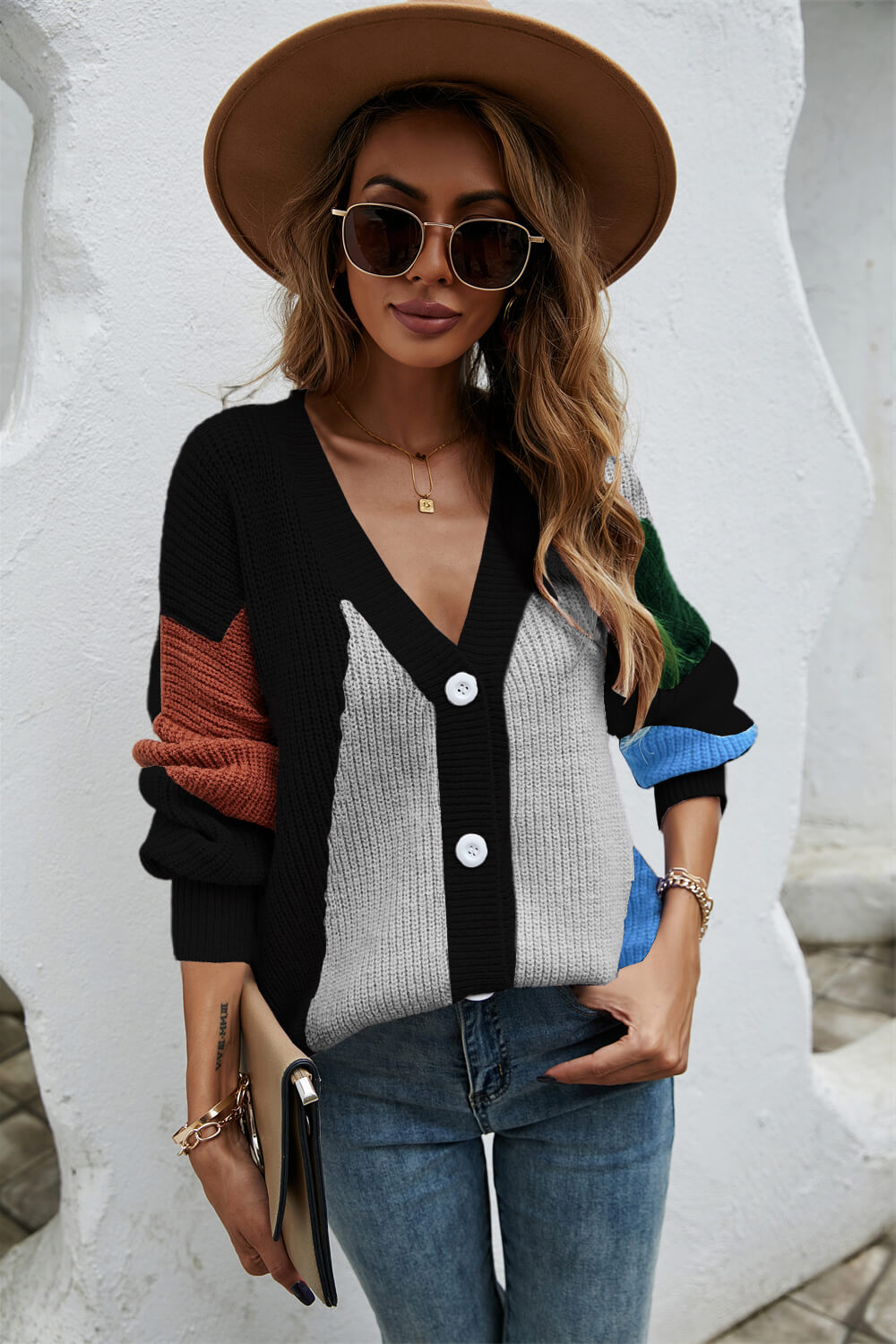 Contrast Button Front V-Neck Cardigan