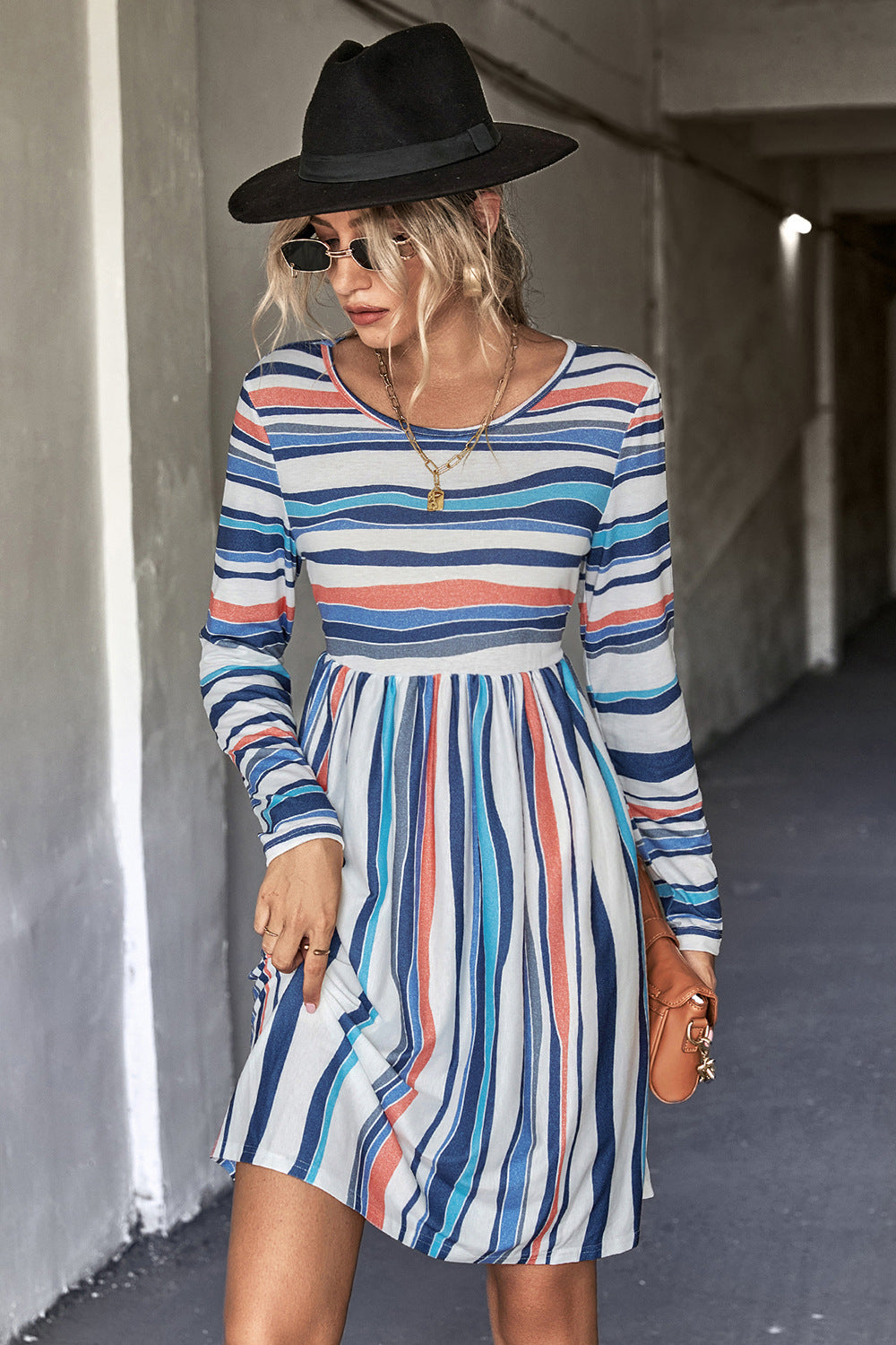 Striped Round Neck Long Sleeve Tee Dress