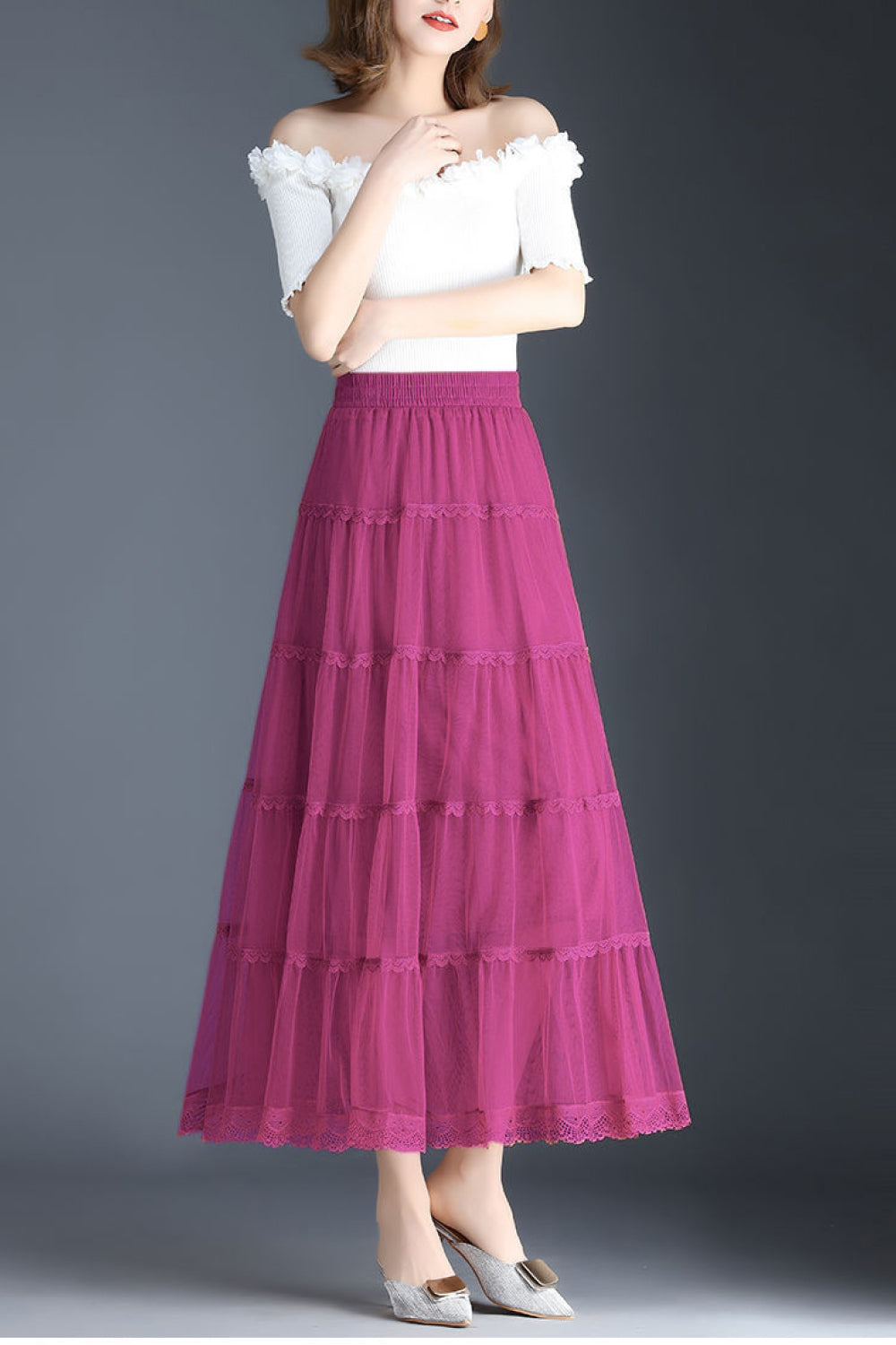 Smocked Lace Trim Midi Skirt