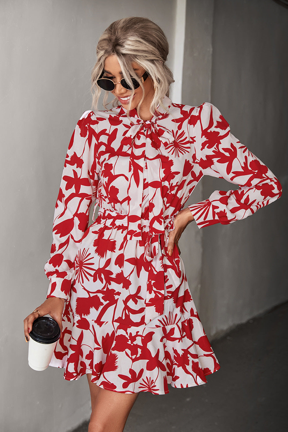 Floral Tie Neck Belted Puff Sleeve Dress