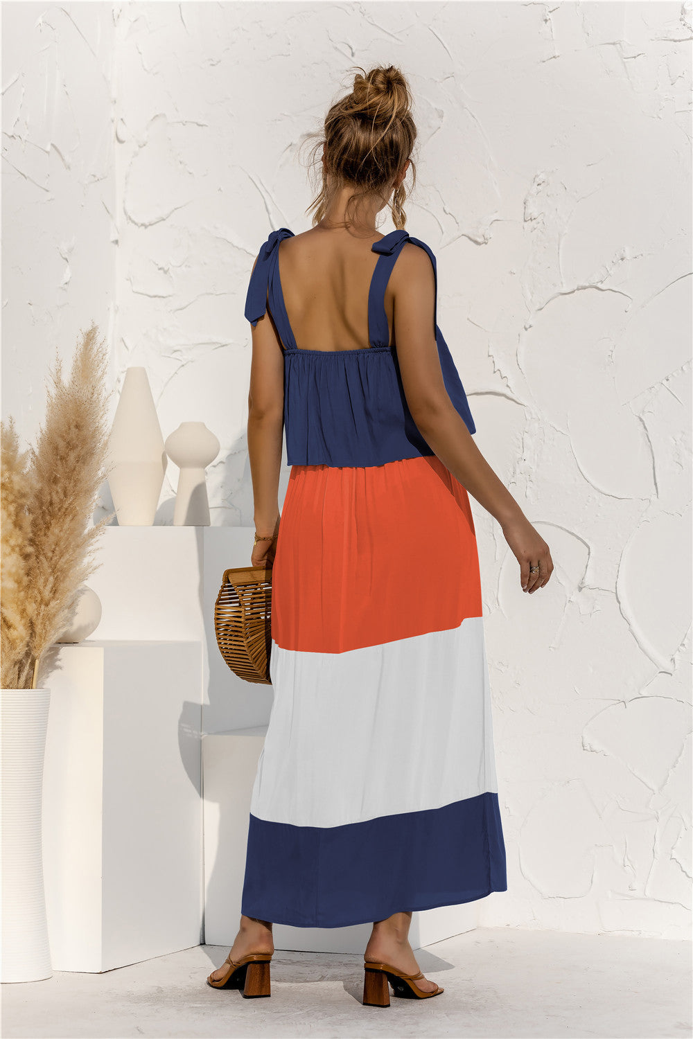 Color Block Tie Shoulder Tiered Sleeveless Dress