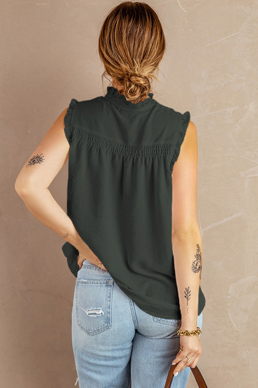 Buttoned Frill Trim Smocked Sleeveless Blouse