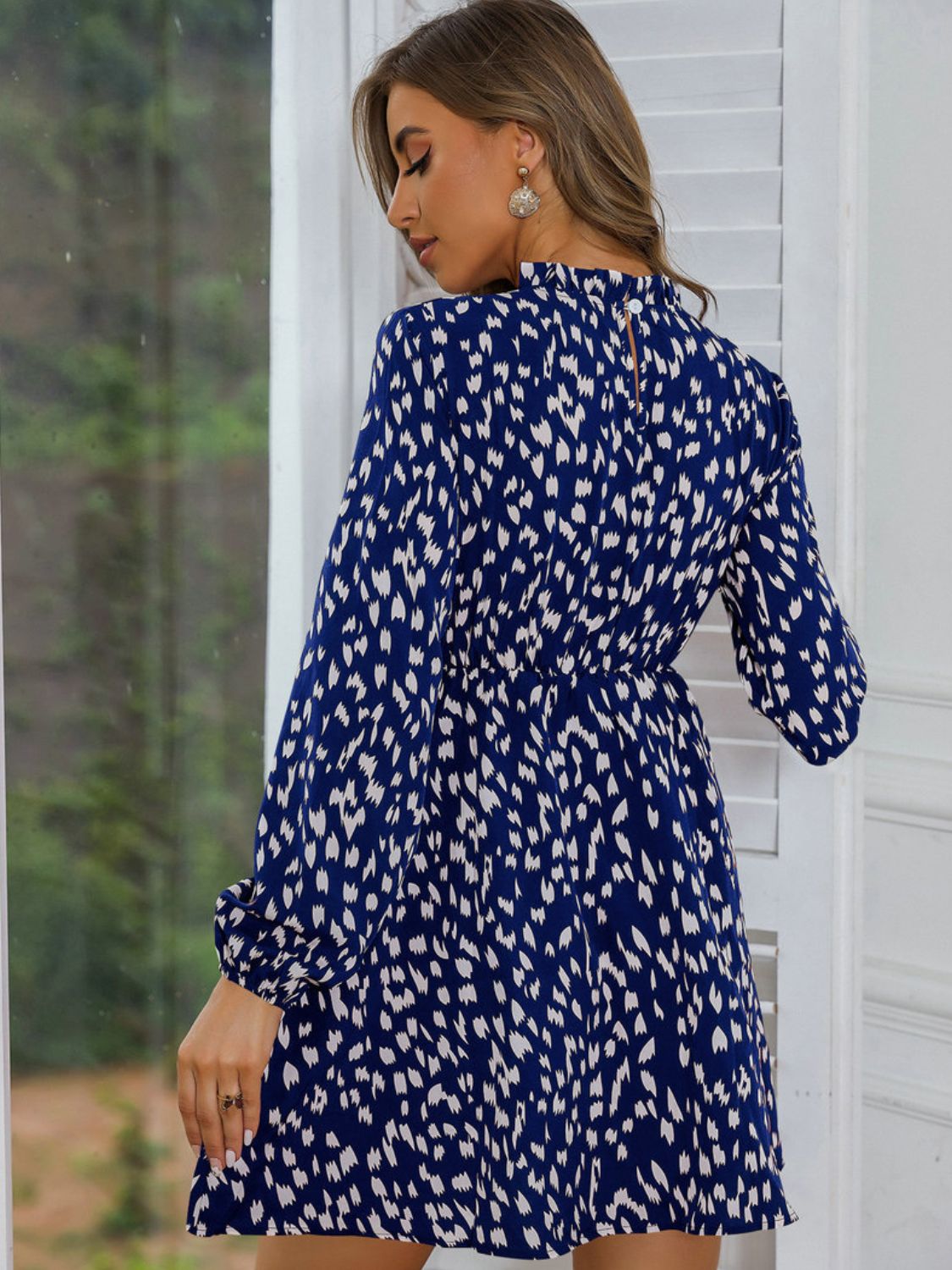 Printed Frill Neck Long Sleeve Dress