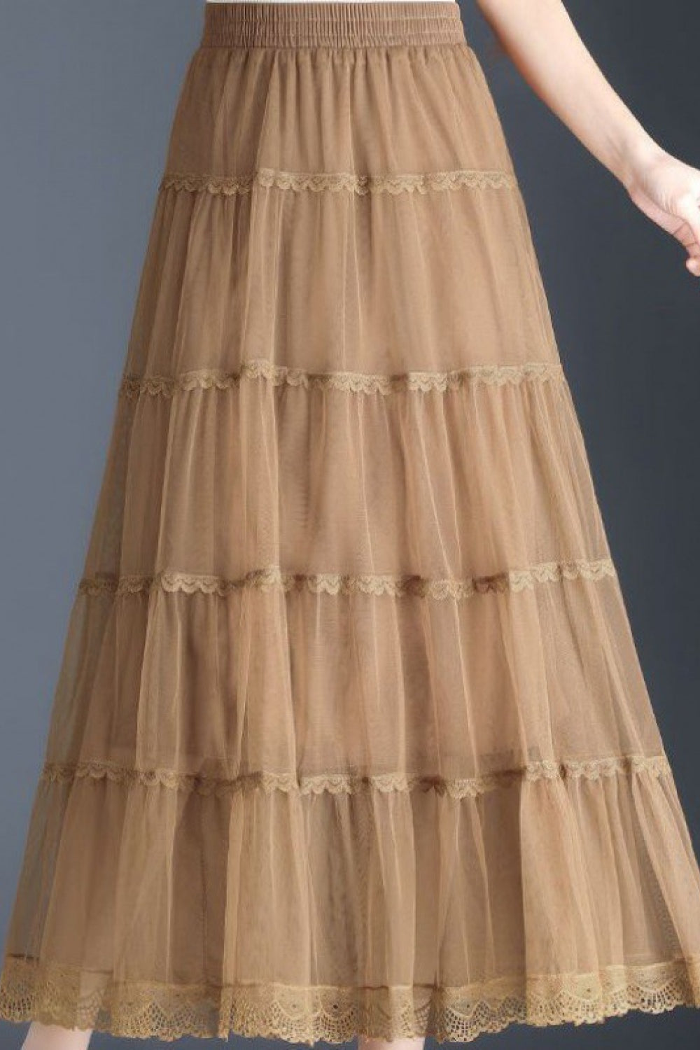 Smocked Lace Trim Midi Skirt