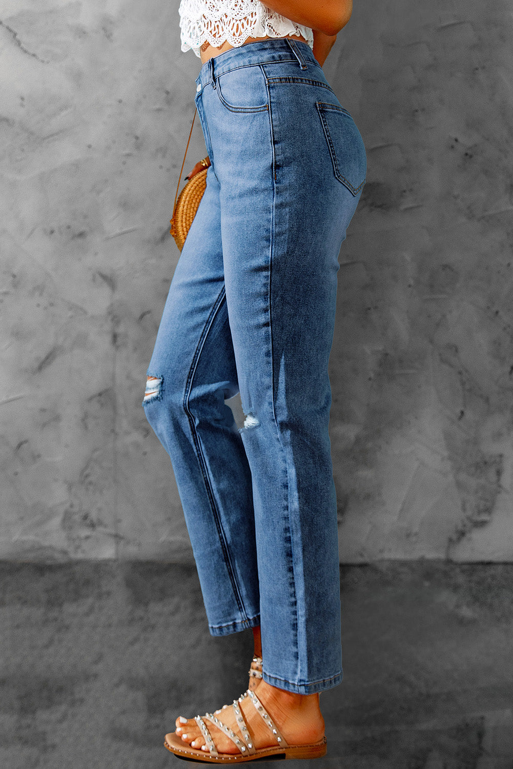 High Waist Distressed Straight Leg Jeans