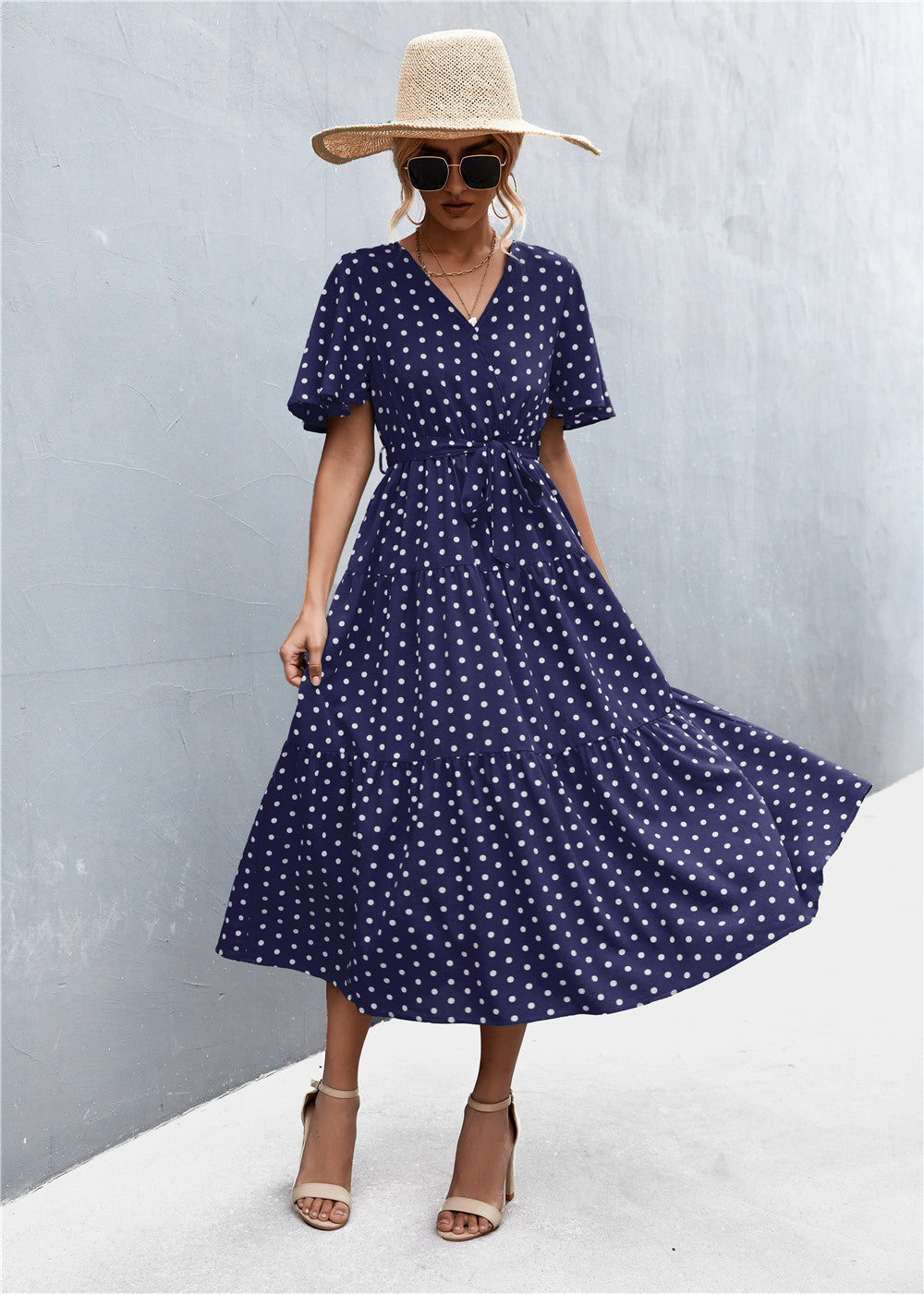 Printed V-Neck Flutter Sleeve Belted Dress