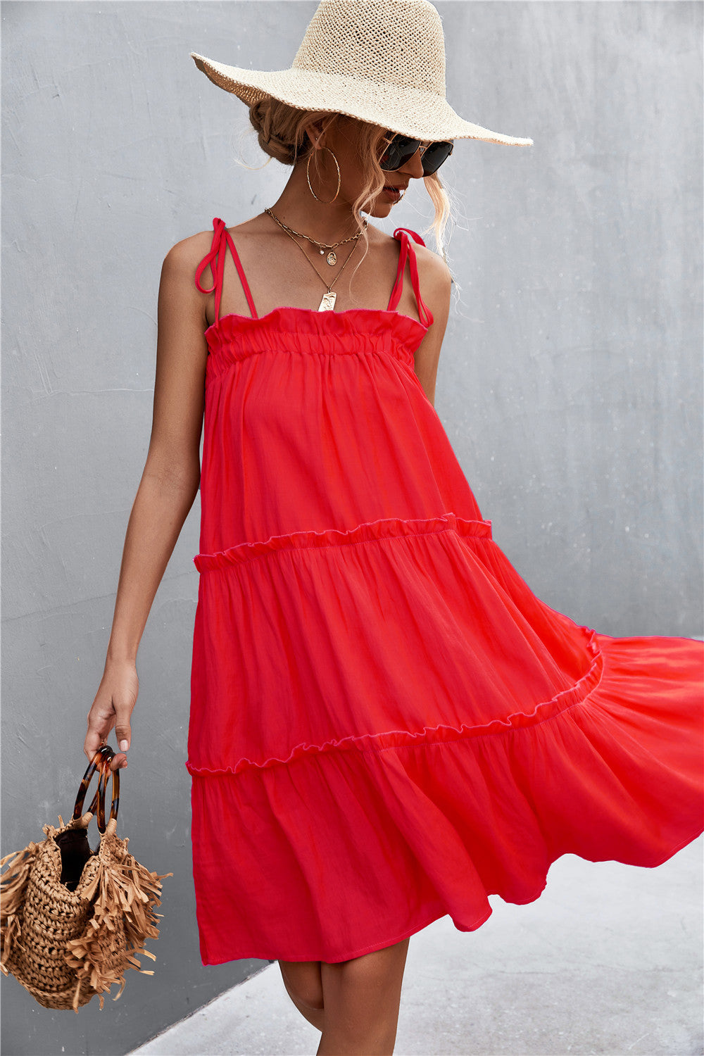 Tie-Shoulder Frill Trim Sleeveless Dress