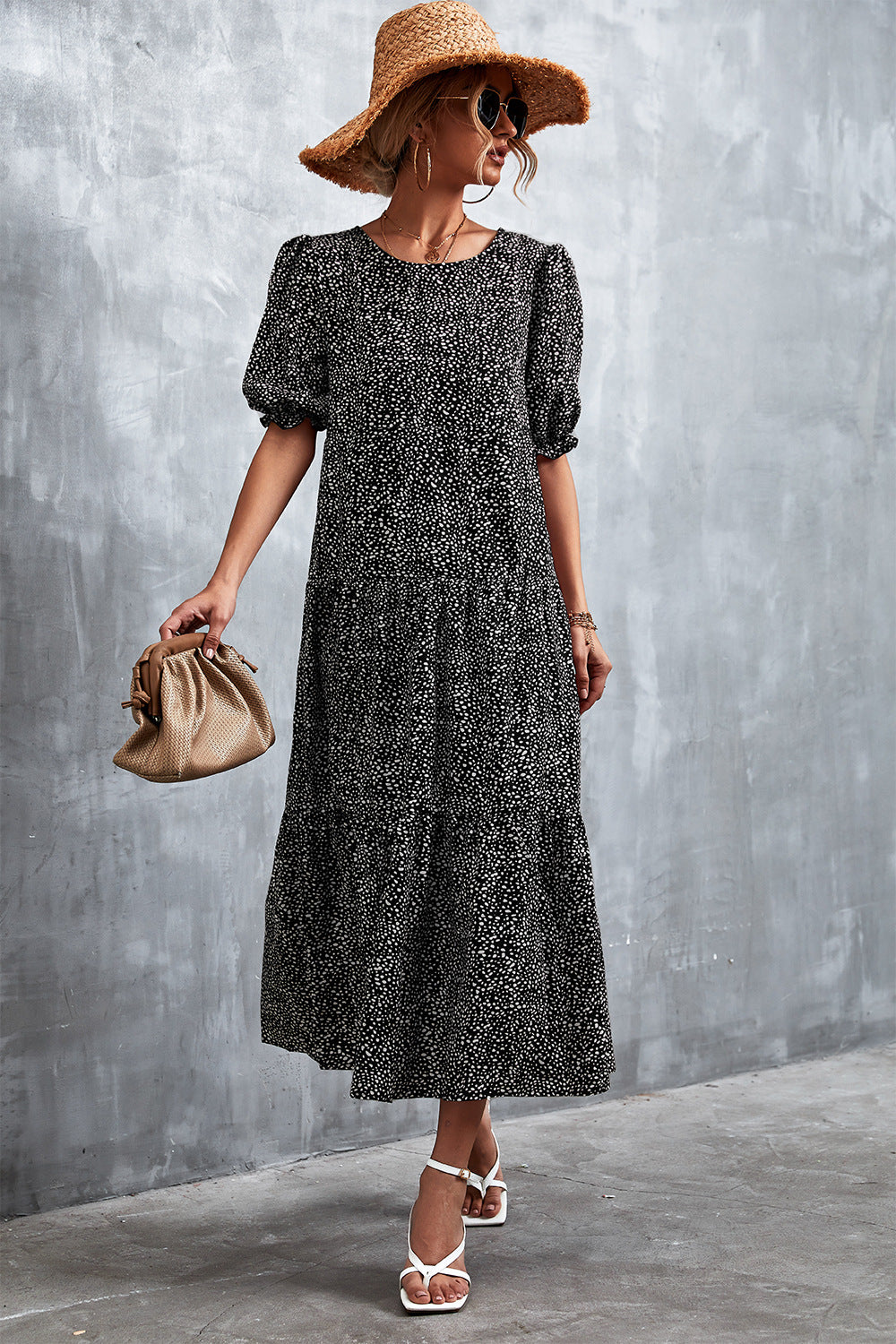 Printed Flounce Sleeve Tiered Dress